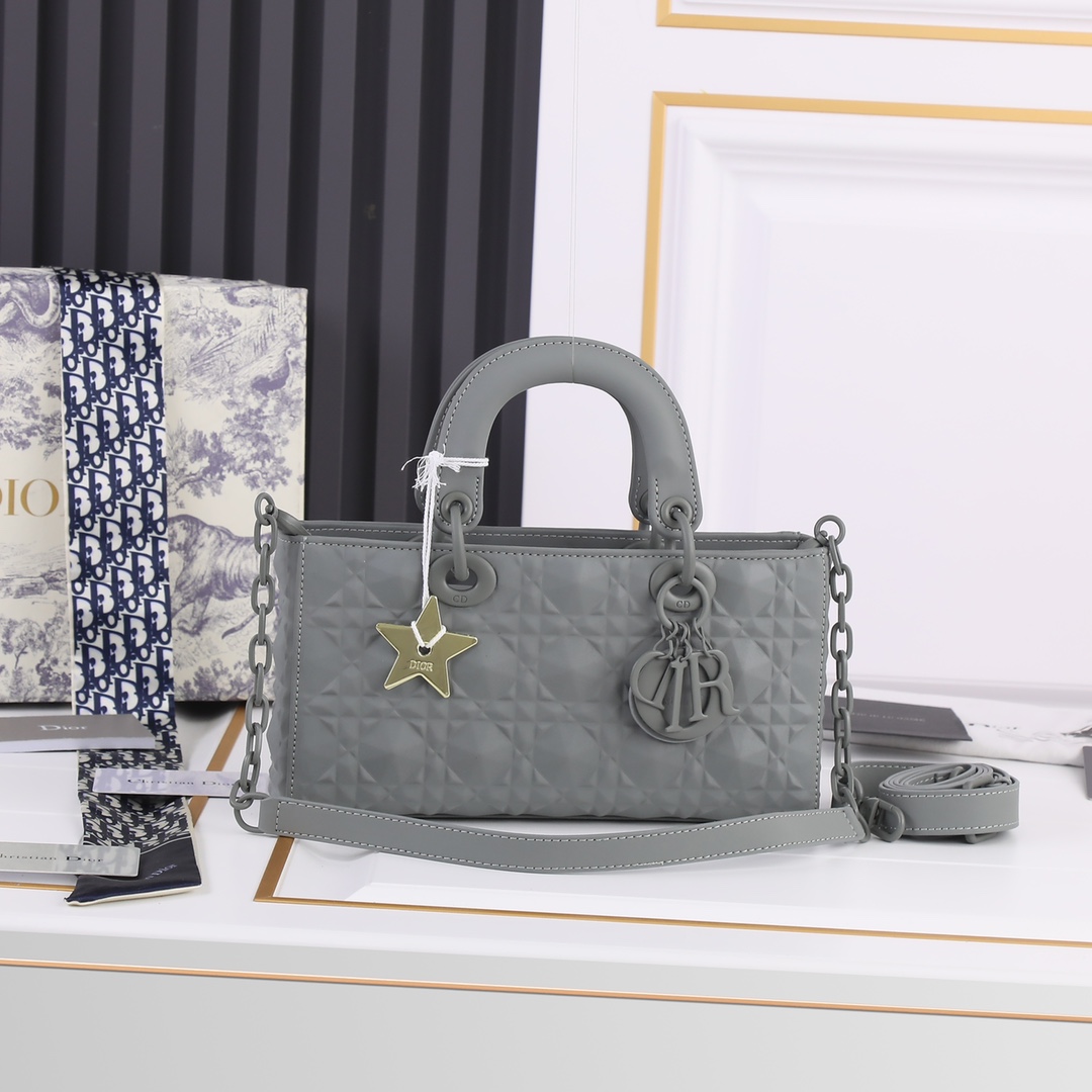 Medium Lady D-Joy Bag Gray with Diamond Motif 2099 XB012 26cm
