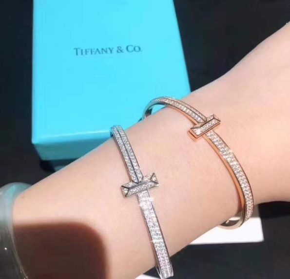 Tiffany Bracelet Dupe, T1 Wide Diamond Hinged Bangle, Platinum & Rose Gold