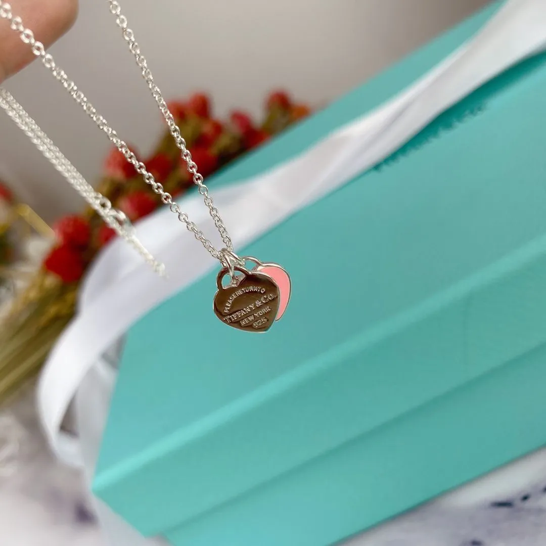 Tiffany & Co Return To Double Heart Tag Enamel Necklace 925 Silver For Ladies Pink/Red For Girls