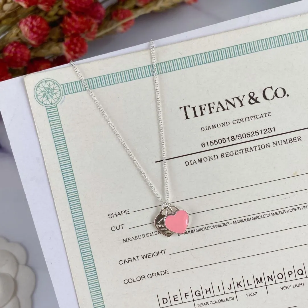 Tiffany & Co Return To Double Heart Tag Enamel Necklace 925 Silver For Ladies Pink/Red For Girls
