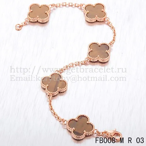 Van Cleef & Arpels Vintage Alhambra Bracelet 5 Motifs Pink Gold With Tiger's Eye Mother Of Pearl