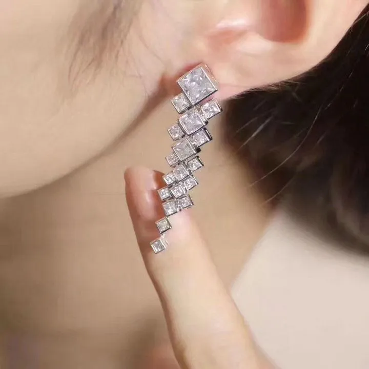 2021 Fashion Tiffany Drop Earrings 925 Silver Square Crystals Online Store