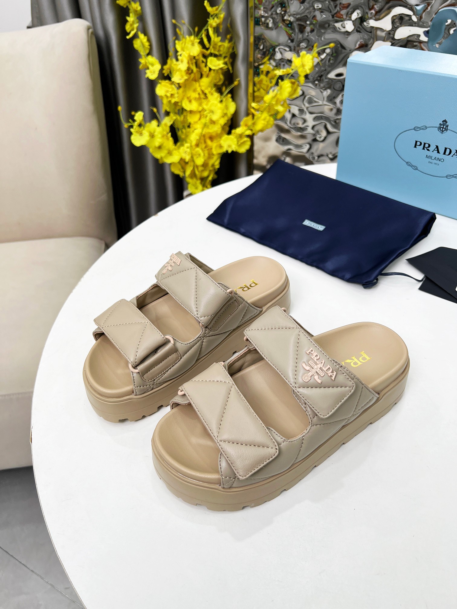 Prada Shoes Velcro women's thick soled slippers