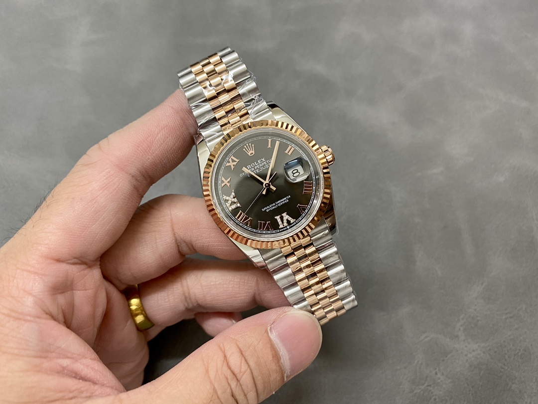 Rolex Datejust 36 Everose Gold Slate Diamond Pave Roman Dial m126231 0023 Women's Watch