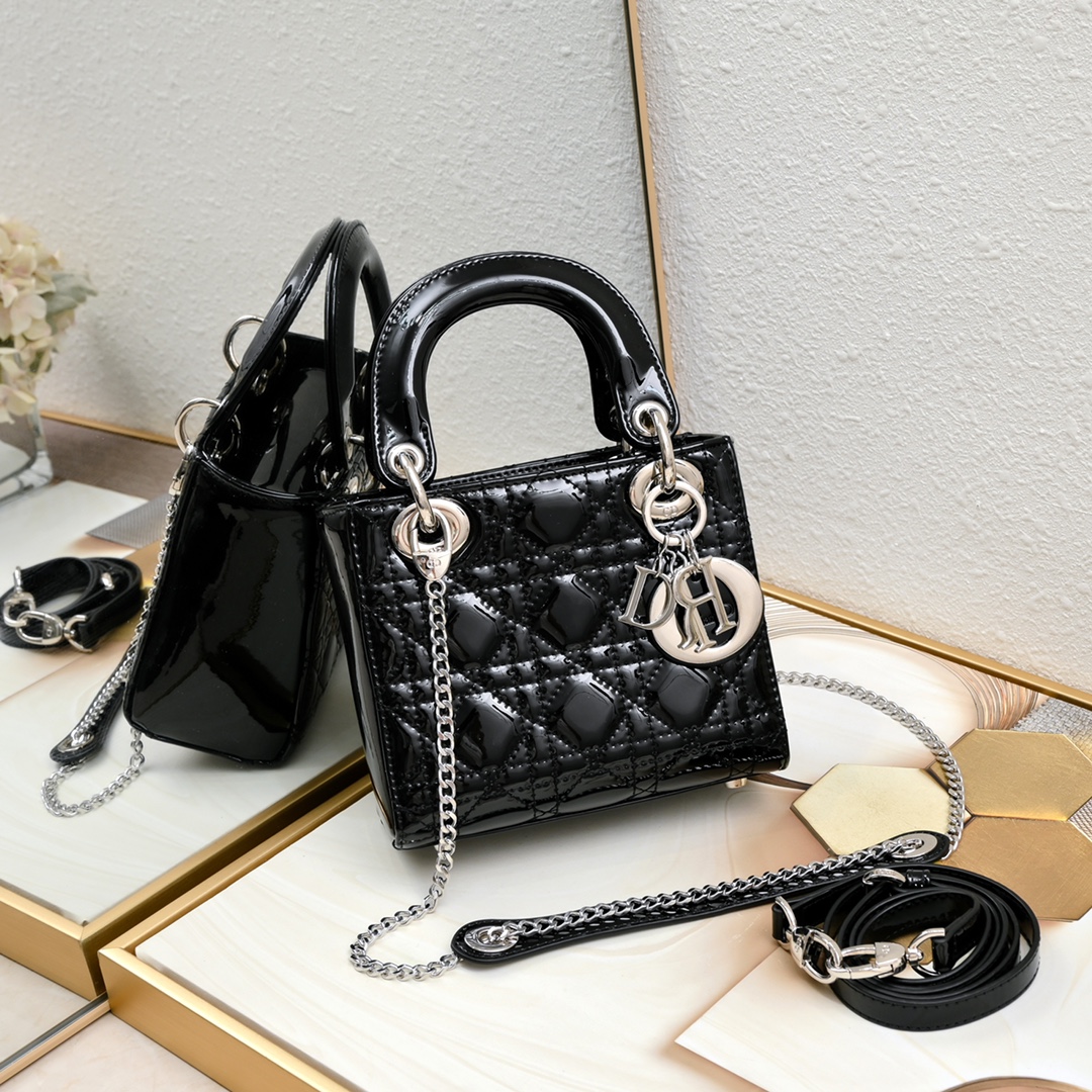 Mini Lady Dior Bag Black silver patent leather CD2025 XB071 17cm