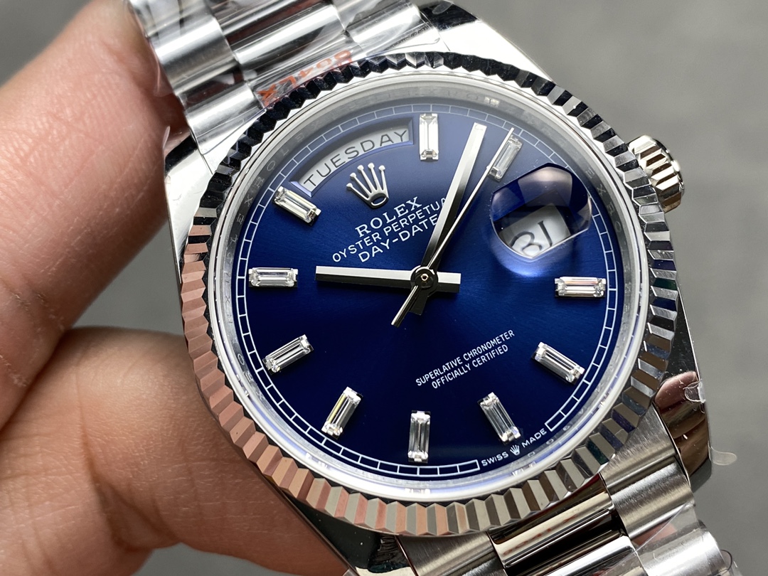 Rolex Day Date 36 36mm Bright Blue Diamond-Set Dial Fluted Bezel Presi m128236 0023