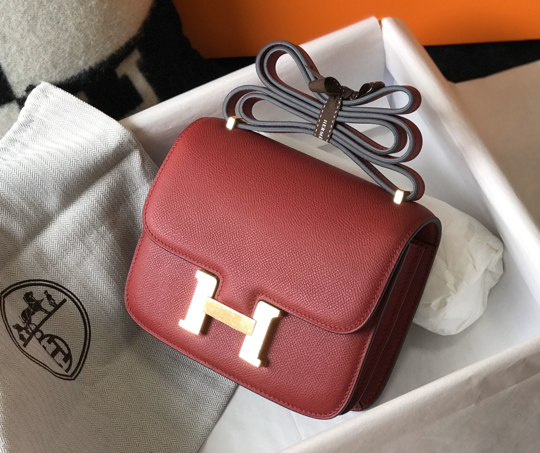 Replica Hermes Constance Bag Epsom Dark Red Lipstick Wiht Gold 18cm and 23cm
