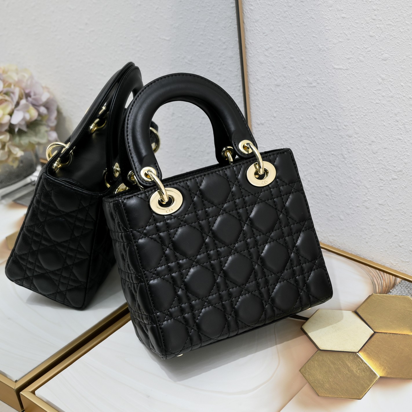 Small Lady Dior My ABCDior Bag Black Gold Sheepskin 1022 LM061 20cm