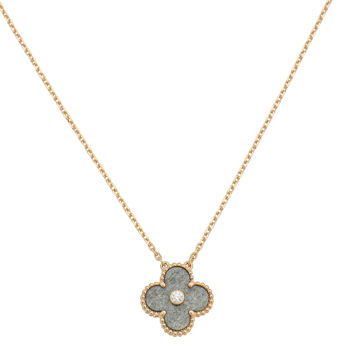 Van Cleef & Arpels 18K Rose Gold Diamond Silver Obsidian Vintage Alhambra Holiday Pendant Necklace