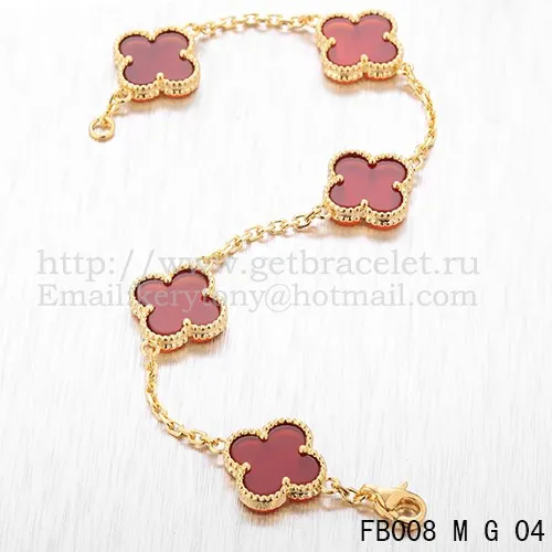 Van Cleef & Arpels Vintage Alhambra Bracelet 5 Motifs Yellow Gold With Carnelian Mother Of Pearl