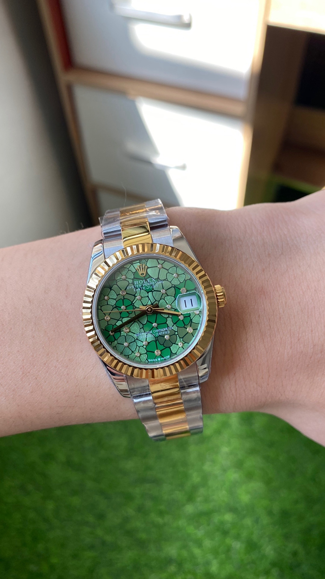 Rolex Datejust 31 Yellow Gold Olive Green Floral Motif Diamond Dial m278273 0031
