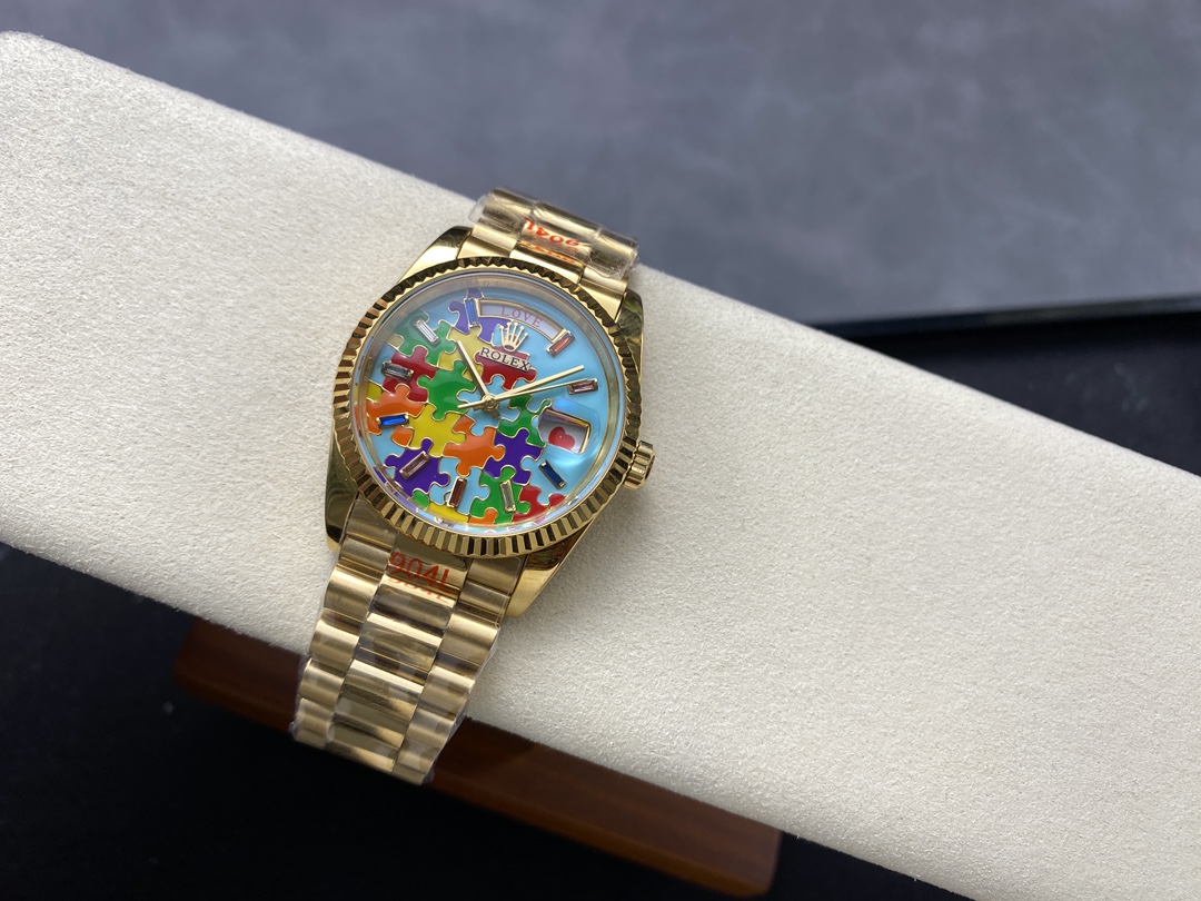 Rolex Day Date 128238-0106 36mm Yellow Gold Fluted Bezel Emoji Puzzle Dial
