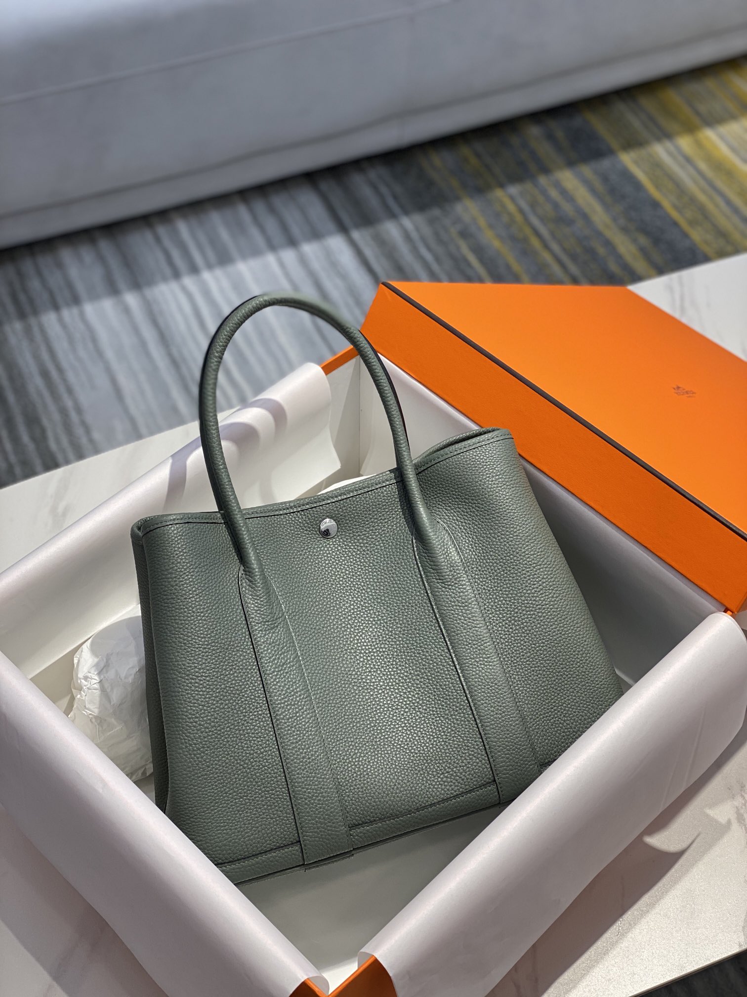 Original Copy Hermes Garden Party Leather Handbags Almond Green 36cm