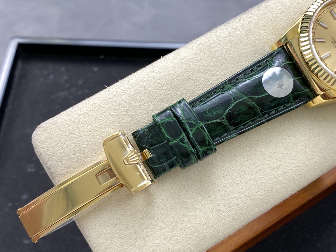 Rolex Day Date 36 Yellow Gold Champagne Dial 118138 0125 Green Strap