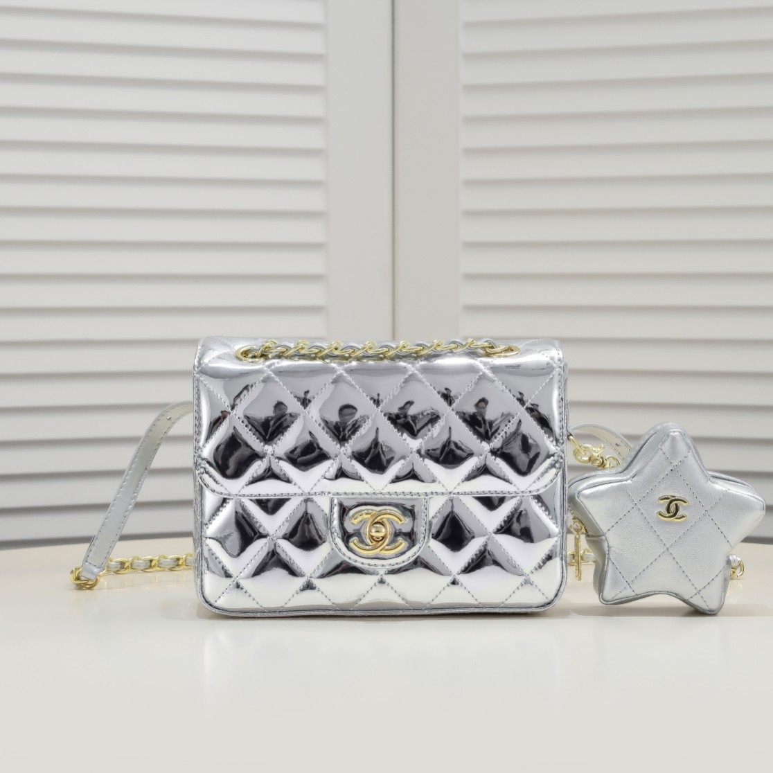 Chanel 24c CF Stars Bag Patent Leather Silver Shoulder Bag Handbag