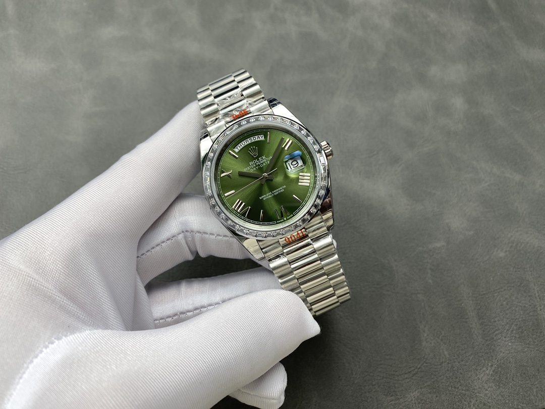 Rolex Day Date 40 Platinum Olive Green Dial Diamond Bezel M228396TBR 0020 Replica Watch