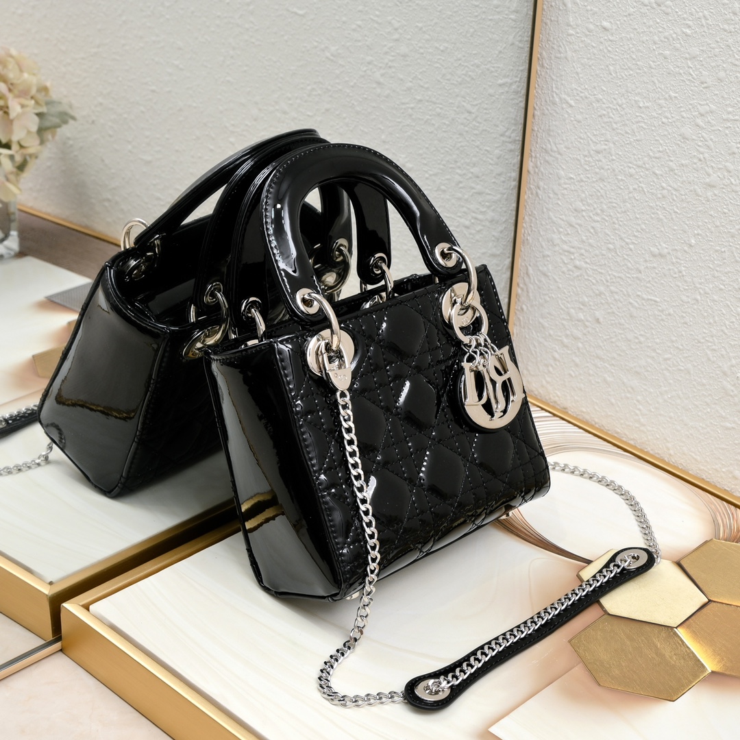 Mini Lady Dior Bag Black silver patent leather CD2025 XB071 17cm