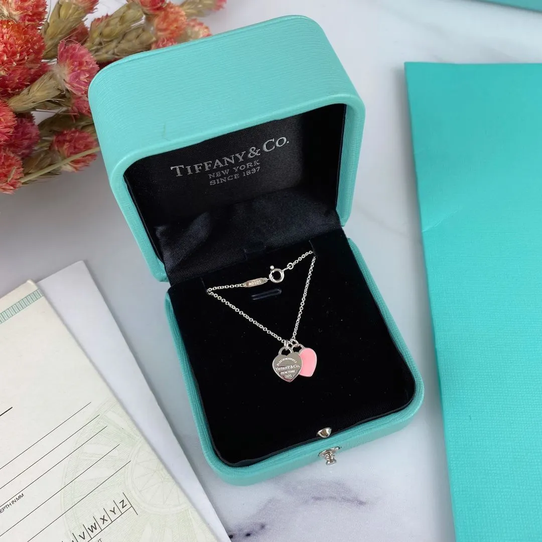 Tiffany & Co Return To Double Heart Tag Enamel Necklace 925 Silver For Ladies Pink/Red For Girls