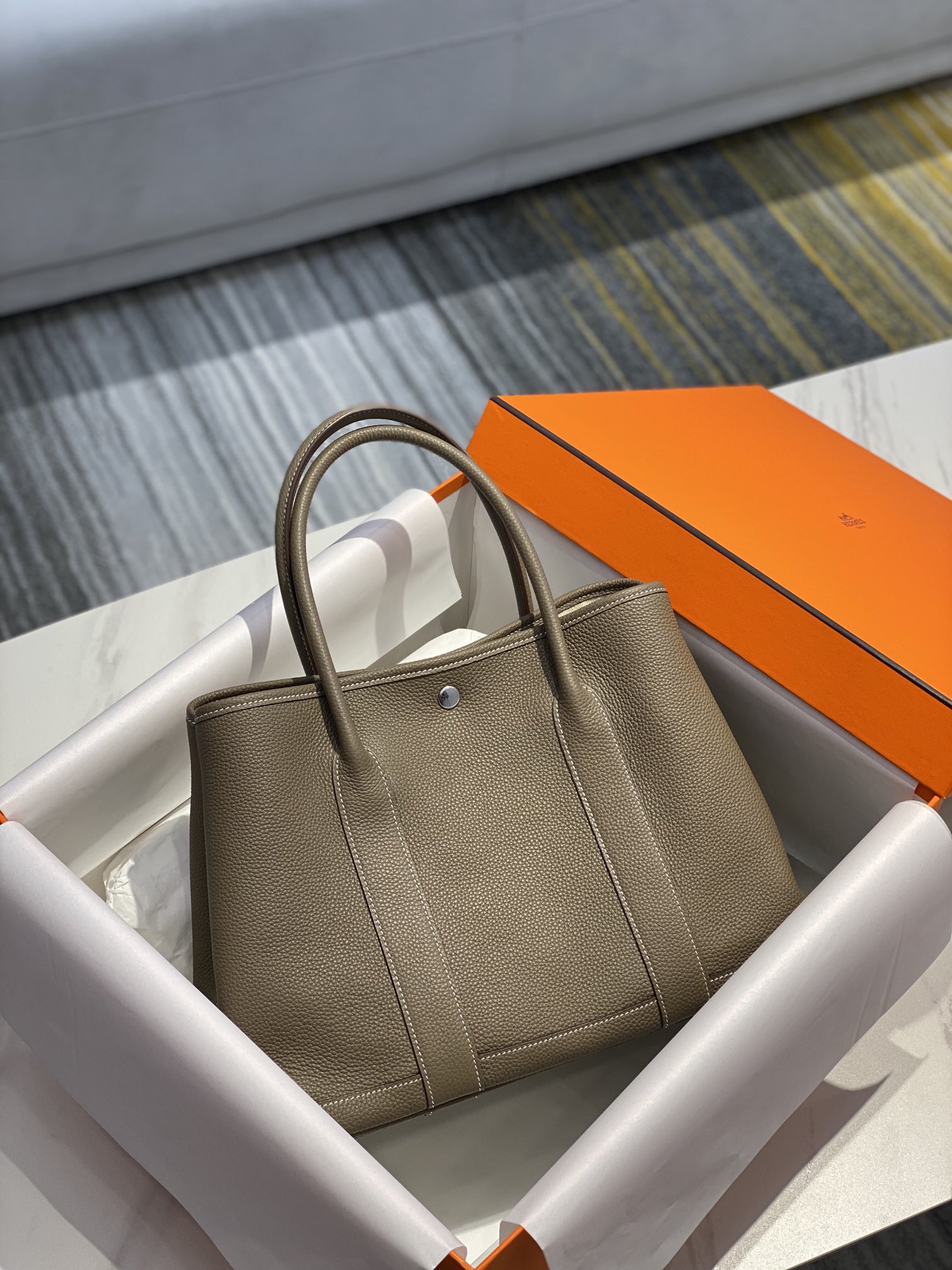 Original Copy Hermes Garden Party Leather Handbags Gray 36cm