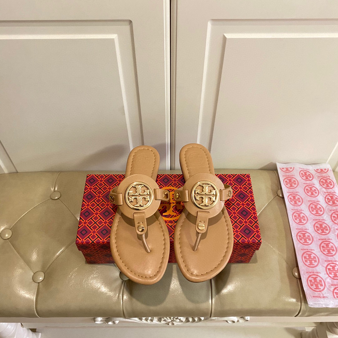Tory Burch Leather Metal Logo Flip-flops Sandals Slide (Replica)
