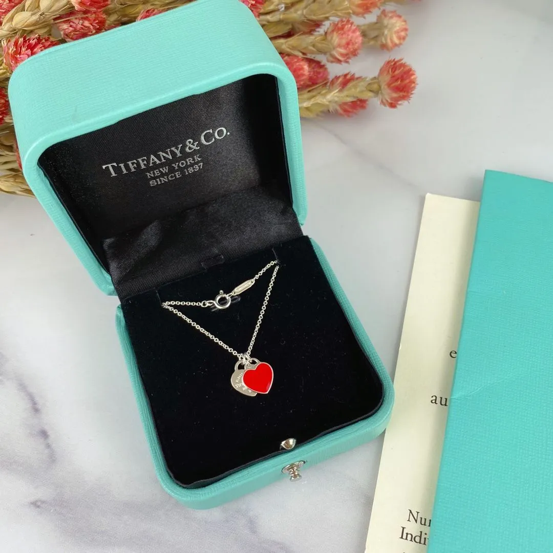 Tiffany & Co Return To Double Heart Tag Enamel Necklace 925 Silver For Ladies Pink/Red For Girls