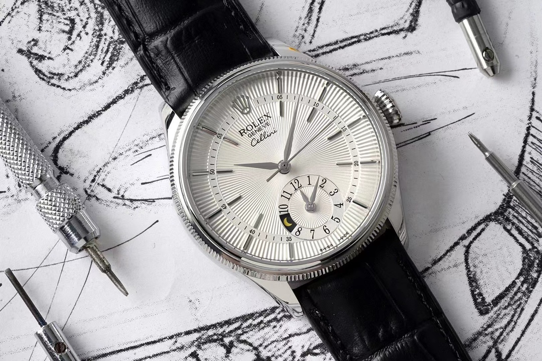 Rolex Cellini Dual Time 50529 Silver Sunburst Dial Brown Leather Strap 39mm Mens Replica Watch