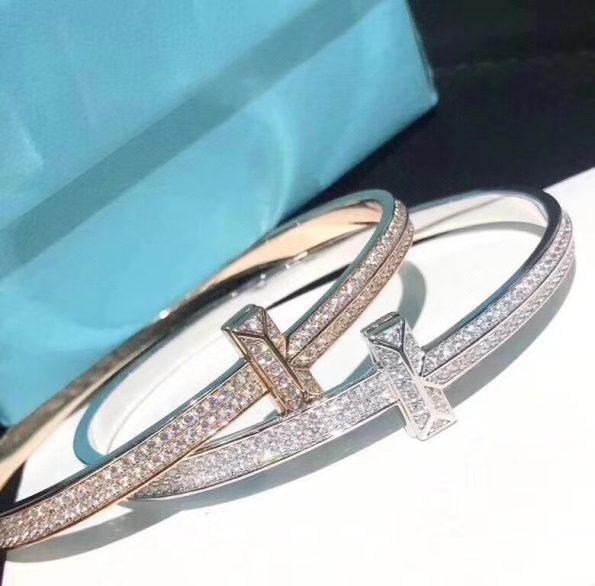 Tiffany Bracelet Dupe, T1 Wide Diamond Hinged Bangle, Platinum & Rose Gold