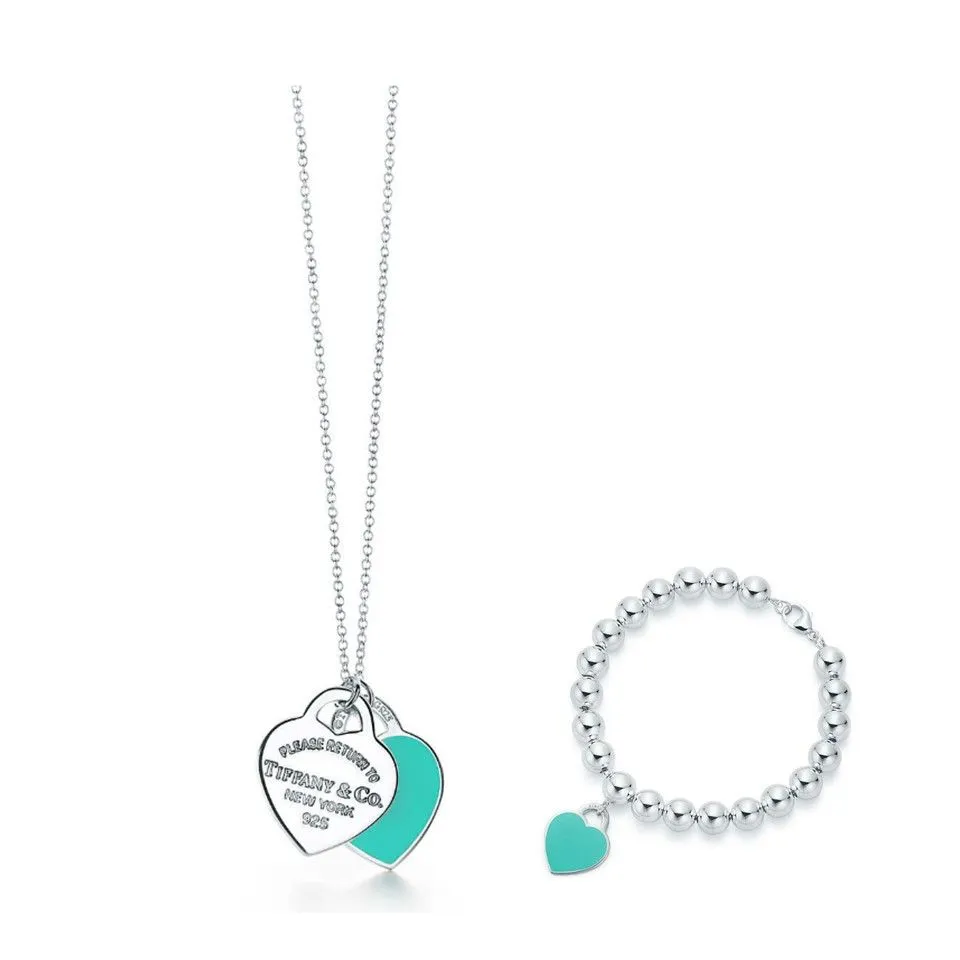 COPY Tiffany Imitation Double Heart Tag Pendant Necklace Blue Enamel Charm Bead Jewelry Online Shop GRP06366/GRP03577
