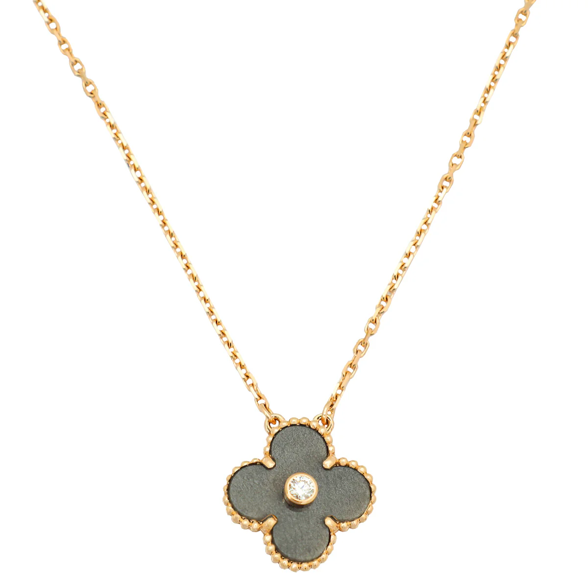 Van Cleef & Arpels 18K Rose Gold Silver Obsidian Vintage Diamond Alhambra Holiday Pendant Necklace