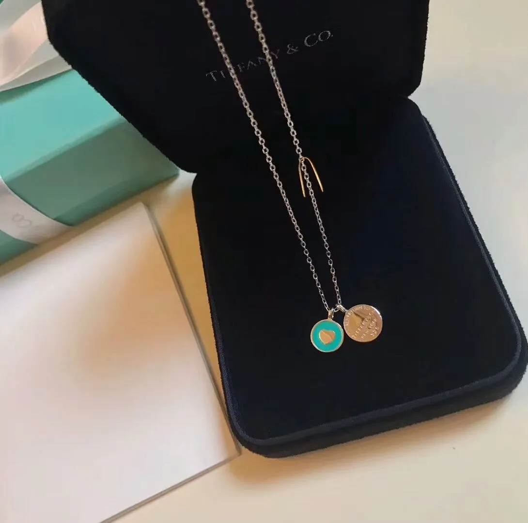 Luxury Replicated Tiffany Blue Enamel Heart Shape Ladies 925 Silver Double Round Pendant Necklace UK Sale 36517204