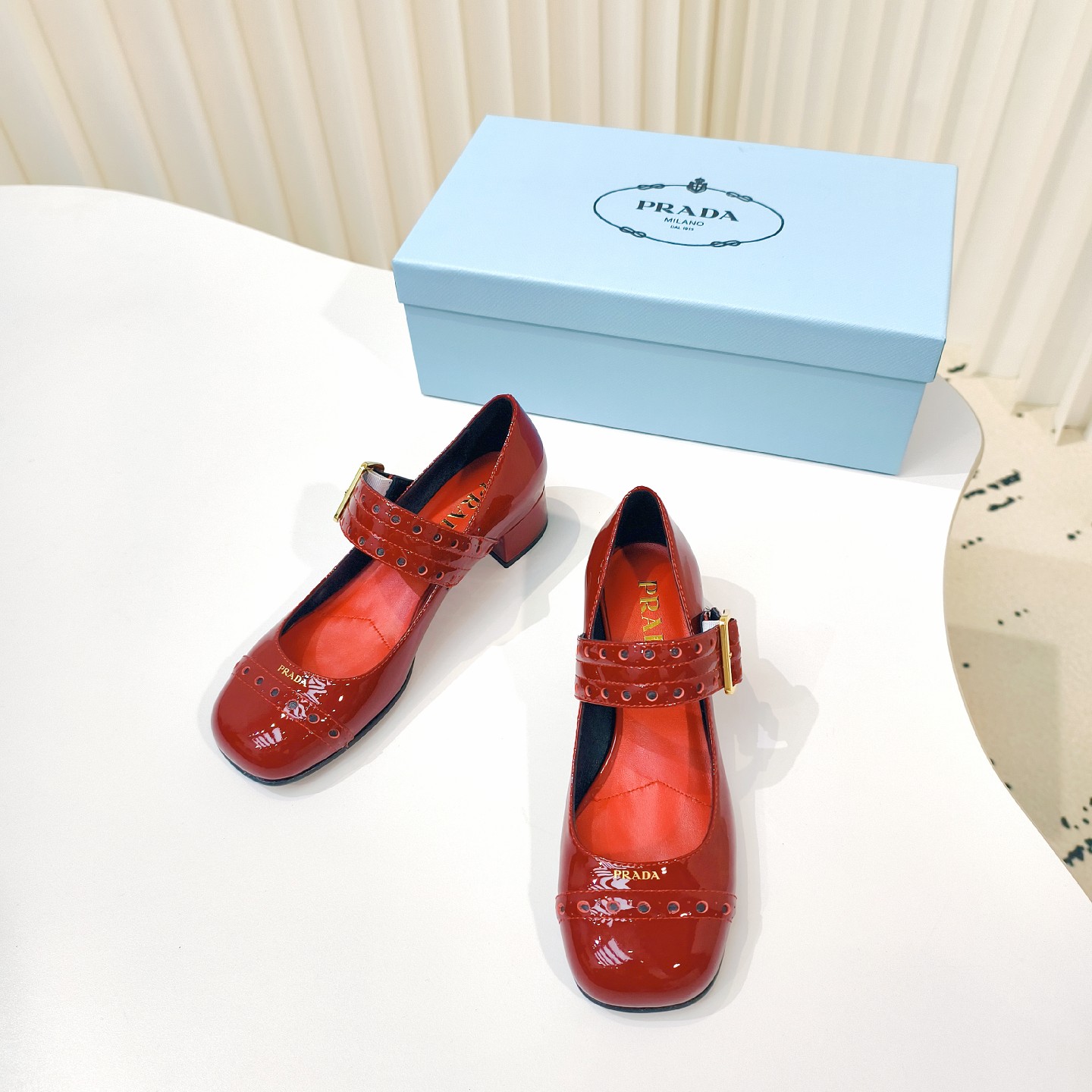 Prada Shoes New Lacquer Leather Mary Jane Coarse Heels