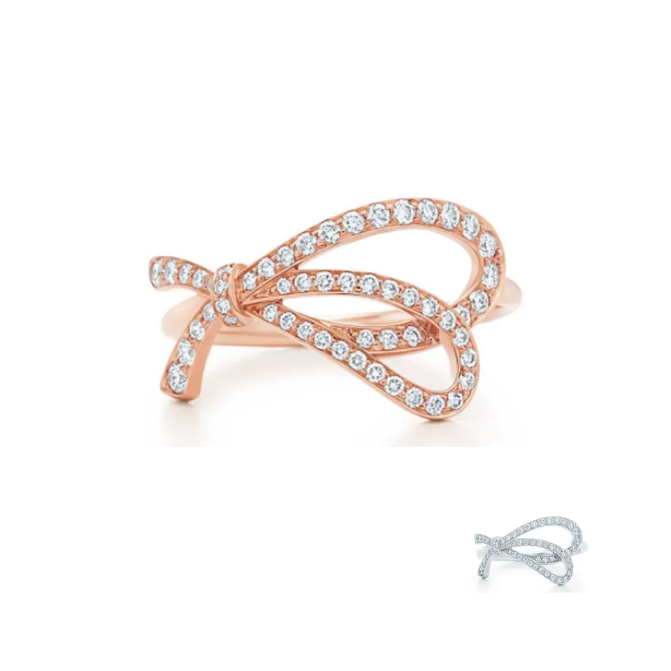 Tiffany Bow Ring Rose Gold & Silver Newest Design Diamonds Fashion Women Jewelry GRP08657/GRP08656
