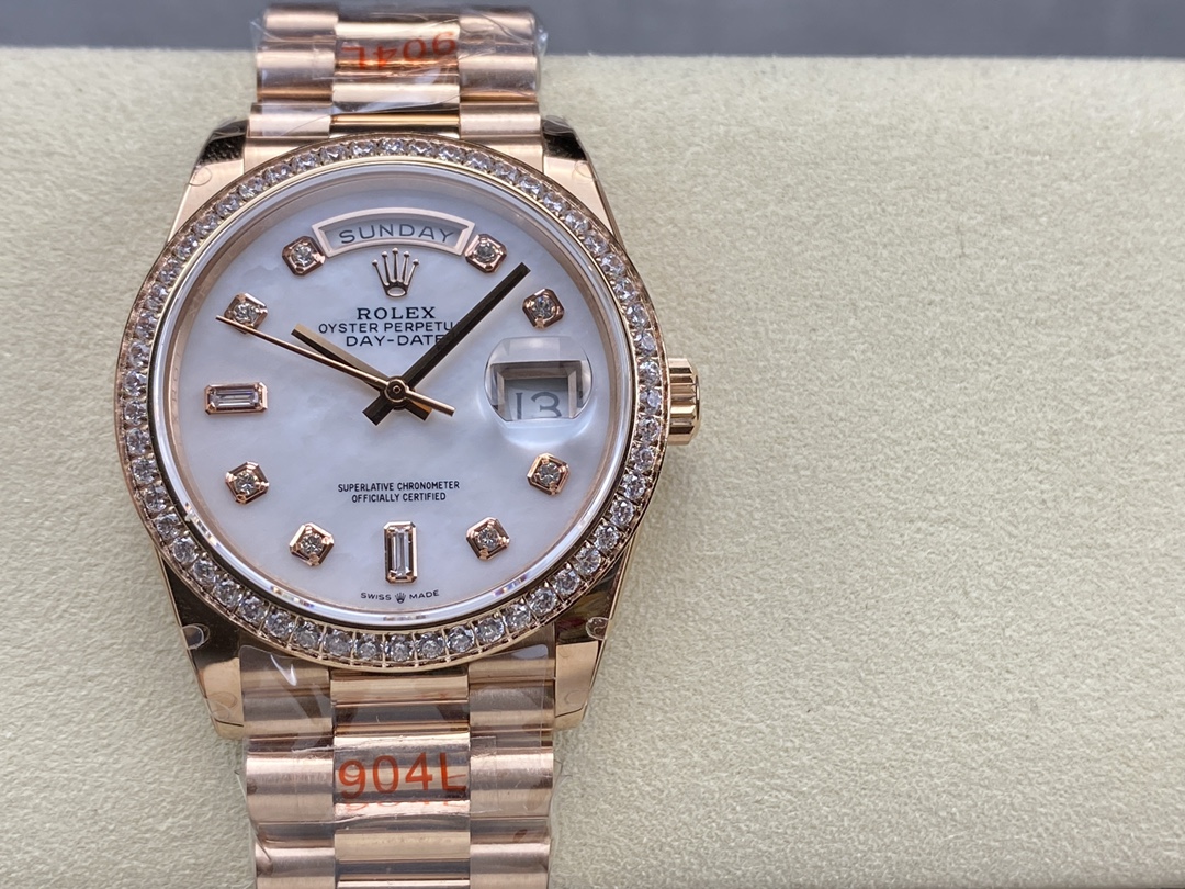 Rolex Day-Date 36MM 128345RBR 0028 Mother of Pearl White Dial Everose Gold Unisex Replica Watch