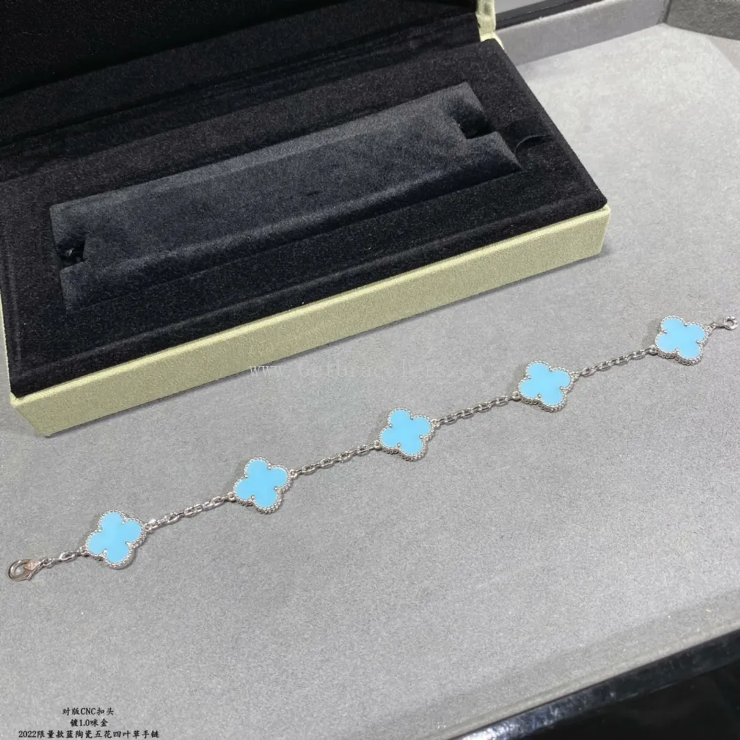 Van Cleef & Arpels Vintage Alhambra Bracelet 5 Motifs Turquoise and White Gold