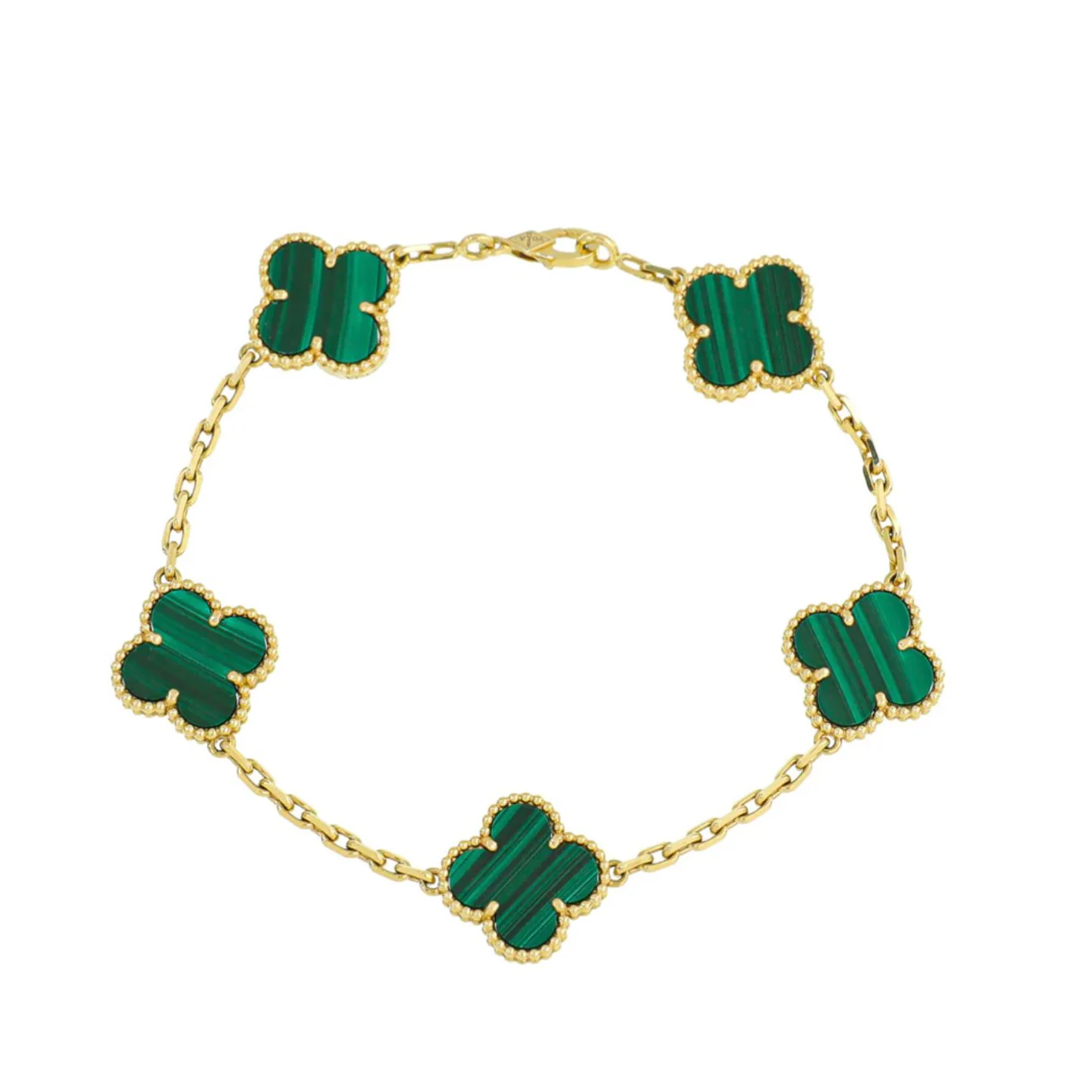 Van Cleef & Arpels 18K Yellow Gold 5 Motifs Malachite Vintage Alhambra Bracelet