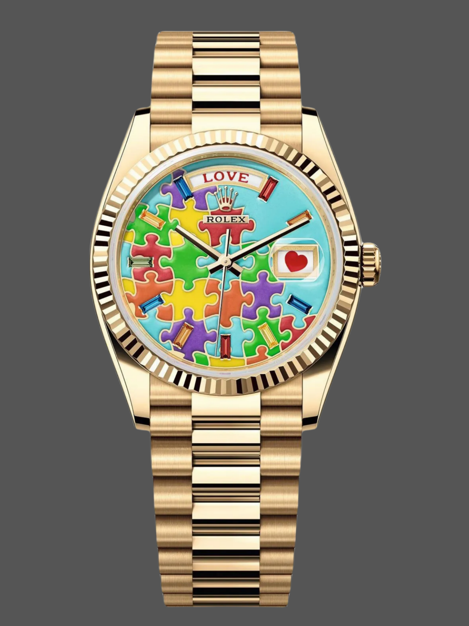 Rolex Day Date 128238-0106 36mm Yellow Gold Fluted Bezel Emoji Puzzle Dial