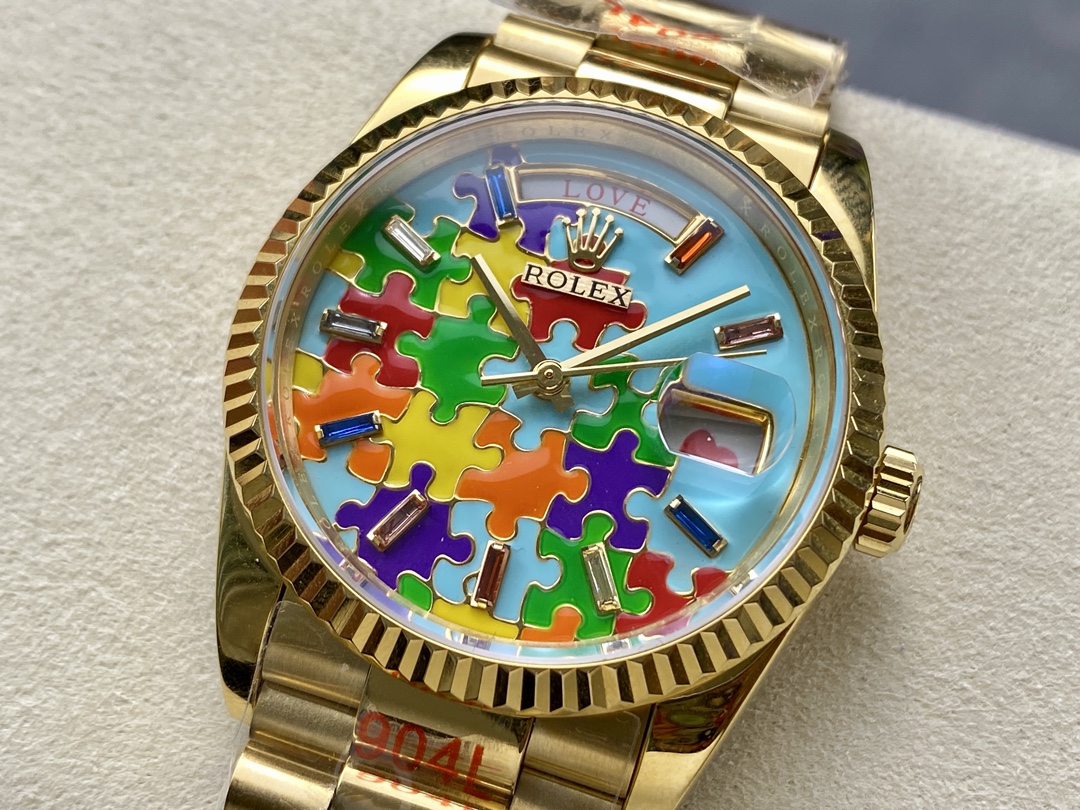 Rolex Day Date 128238-0106 36mm Yellow Gold Fluted Bezel Emoji Puzzle Dial
