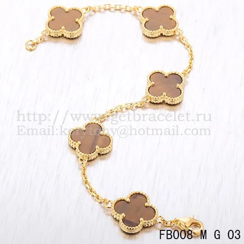 Van Cleef & Arpels Vintage Alhambra Bracelet 5 Motifs Yellow Gold With Tiger's Eye Mother Of Pearl