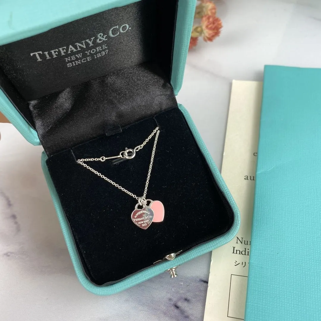 Tiffany & Co Return To Double Heart Tag Enamel Necklace 925 Silver For Ladies Pink/Red For Girls
