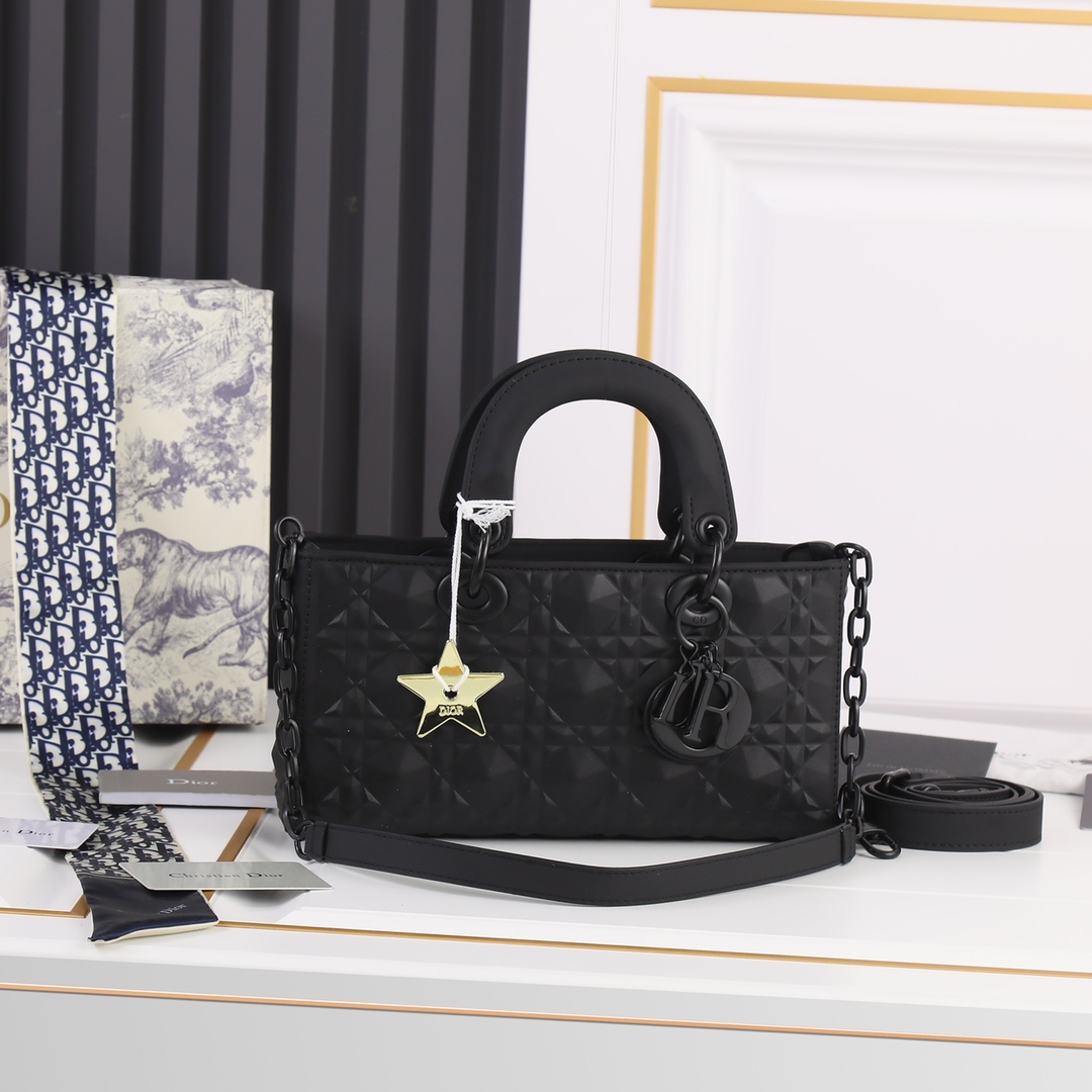 Medium Lady D-Joy Bag Black with Diamond Motif 2099 XB012 26cm