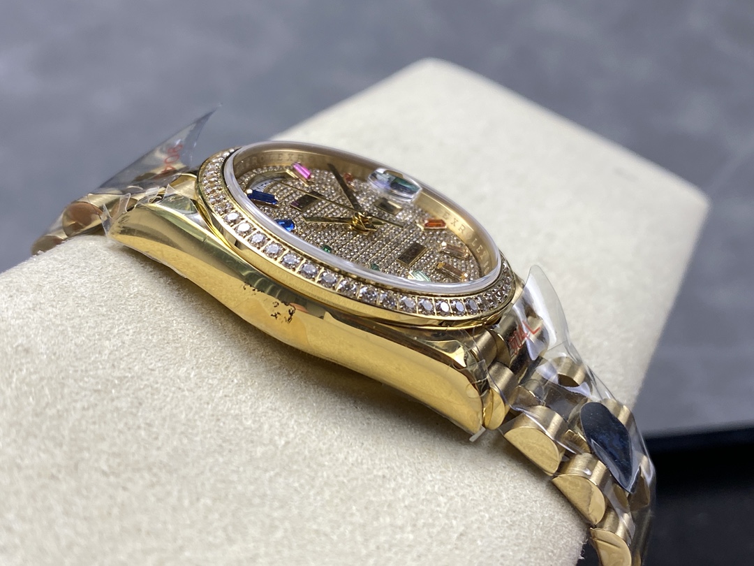 Rolex Day Date 36mm Yellow Gold 128348RBR 0030 Pave Rainbow Diamonds Sapphires Dial