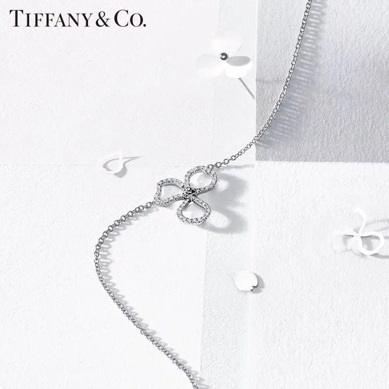 Tiffany & Co Elegant Style Paper Flowers Three Leaf Clover Open Flower Pendant Womens Diamonds Necklace