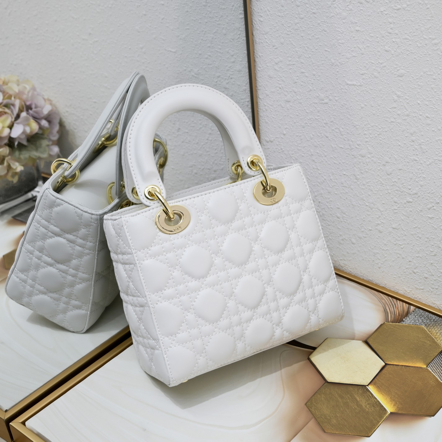 Small Lady Dior My ABCDior Bag White Gold Sheepskin 1022 LM061 20cm