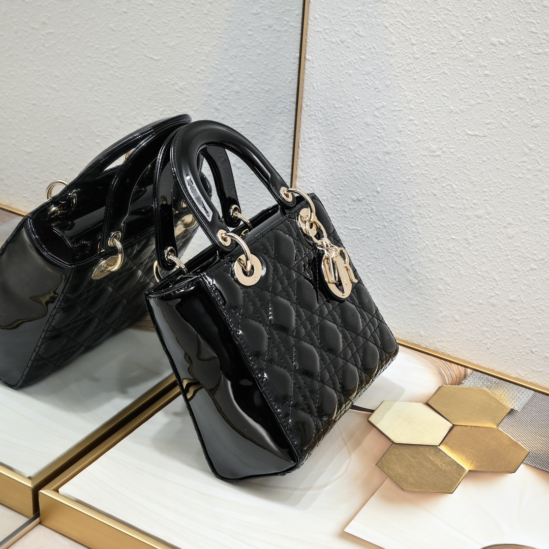 Small Lady Dior My ABCDior Bag Black gold patent leather CD2026 XB081 20cm