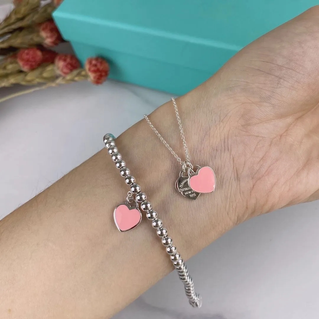 Tiffany & Co Return To Double Heart Tag Enamel Necklace 925 Silver For Ladies Pink/Red For Girls