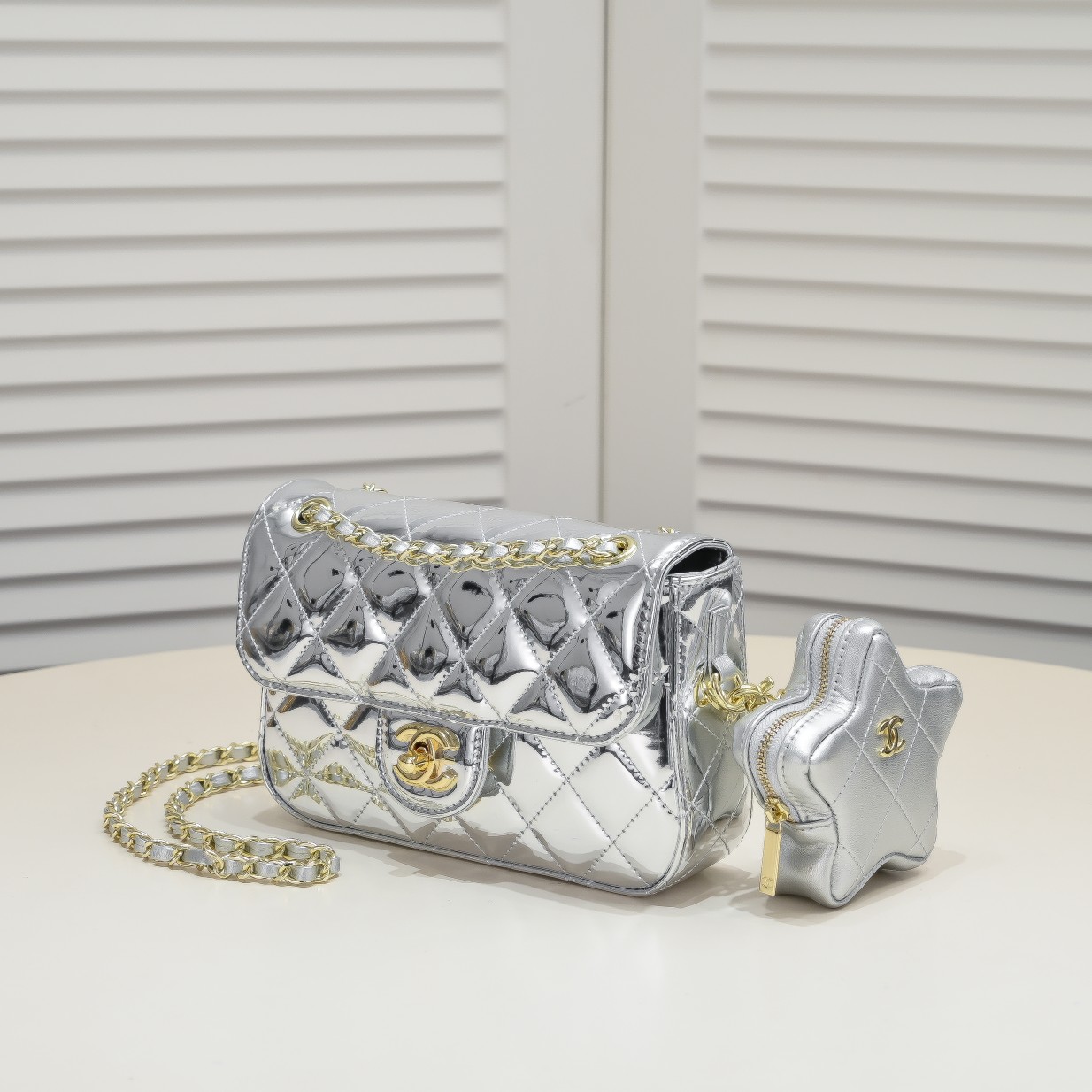 Chanel 24c Star Bag CF Patent Leather Silver Shoulder Bag Handbag