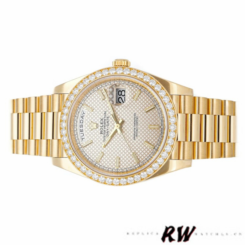 Rolex Day-Date 228348RBR Silver Diagonal Motif Dial Diamond Bezel 40mm Mens Replica Watch