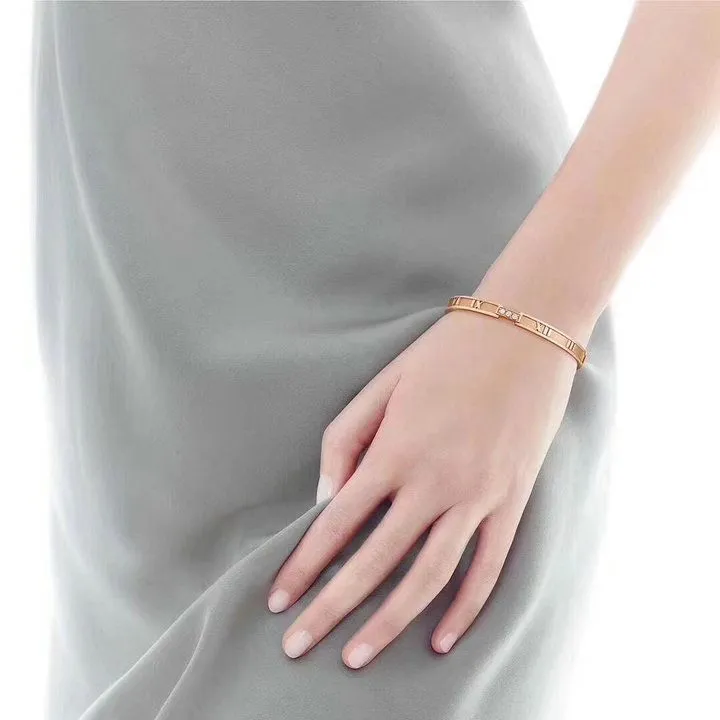 Tiffany Atlas Ladies Closed Hinged Silver Pink/ Yellow Gold Bangle Crystals 2021 Popular GRP03265/GRP03235