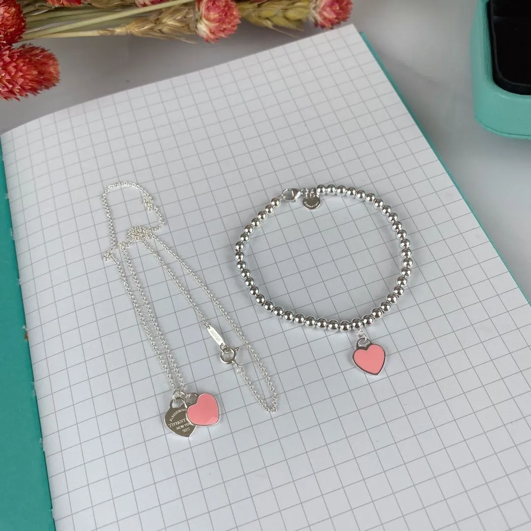 Tiffany & Co Return To Double Heart Tag Enamel Necklace 925 Silver For Ladies Pink/Red For Girls