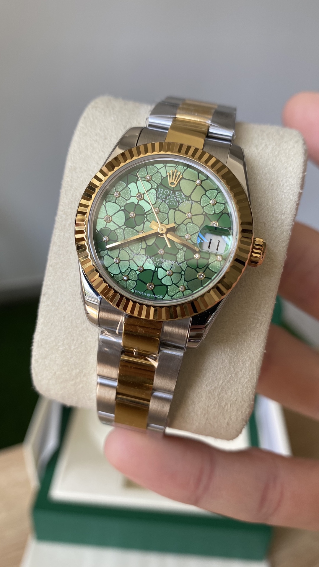 Rolex Datejust 31 Yellow Gold Olive Green Floral Motif Diamond Dial m278273 0031
